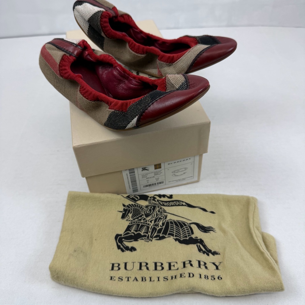 Burberry Canvas Check Truville Round Toe Ballerina Flats Cadmium Red 37 Us 7